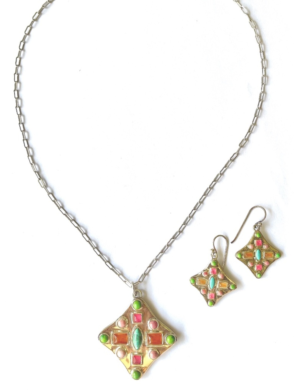 VINTAGE BARSE 925 Sterling Silver TURQUOISE MULTI-GEM 20" Necklace Earrings Set